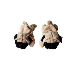 Ty Pug Dog Beanie Baby Original Pugsly Laying Down 1996 - set of 2